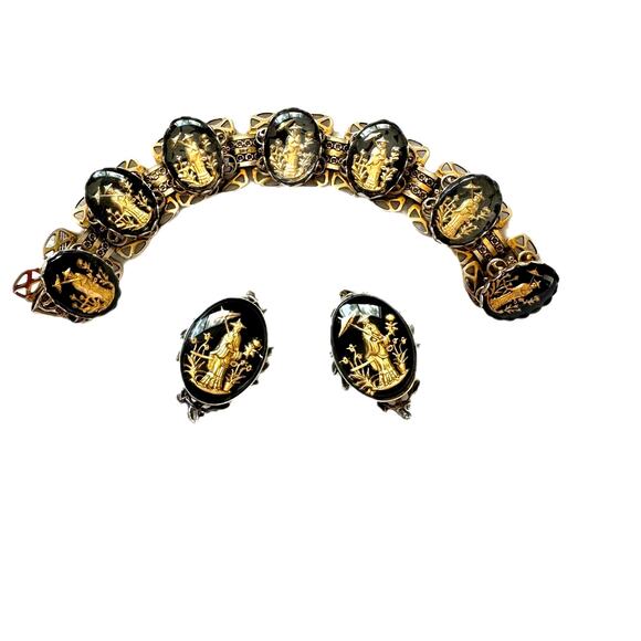 Whiting & Davis Attributed Asian Bracelet Earrings Reverse Intaglio Vintage 50s - Picture 1 of 7